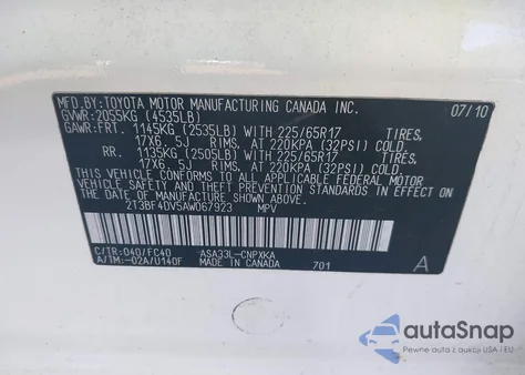 2010 Toyota Rav4 from USA, damaged, VIN 2T3BF4DV5AW067923